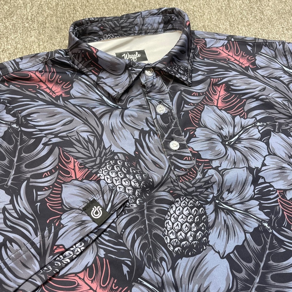 Waggle "Tropic Twilight"Mens Golf Polo Shirt Large Grey Floral Performance